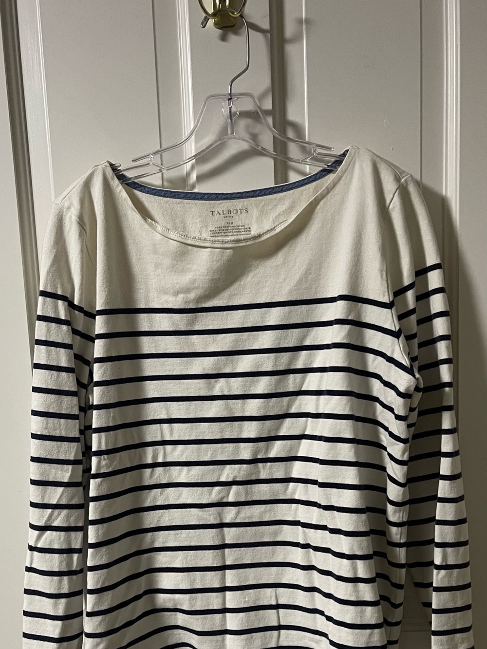 Talbots Cream and Navy Striped Long-Sleeve Boatneck Top